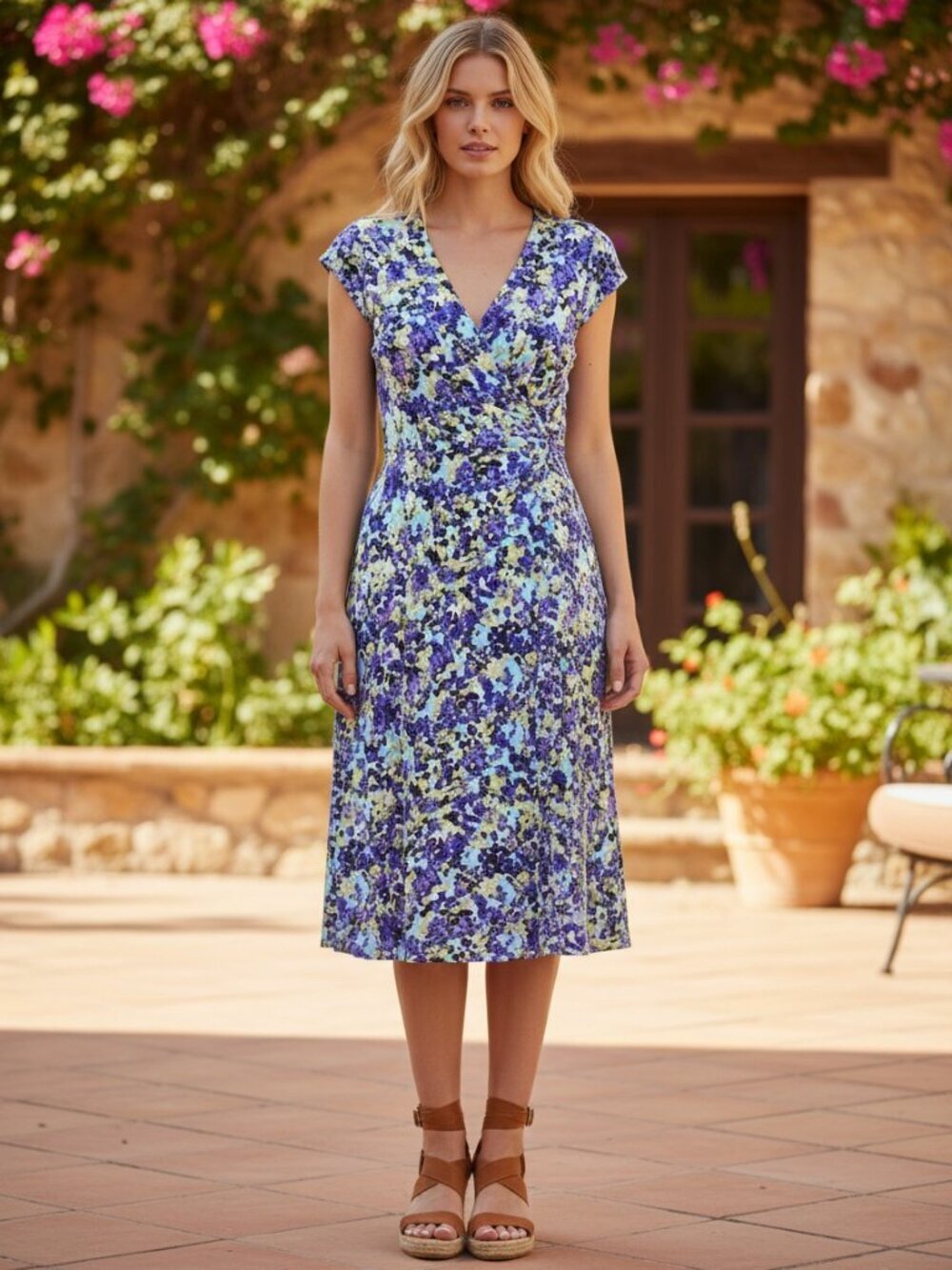 Talbots Purple, Blue, Green Floral Midi Ruched Jersey Knit Short Sleeve Dress MP